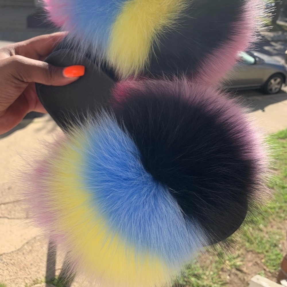 Bella Colorful Real Fur Slides Sizes 5.5,6,6.5 - image 1